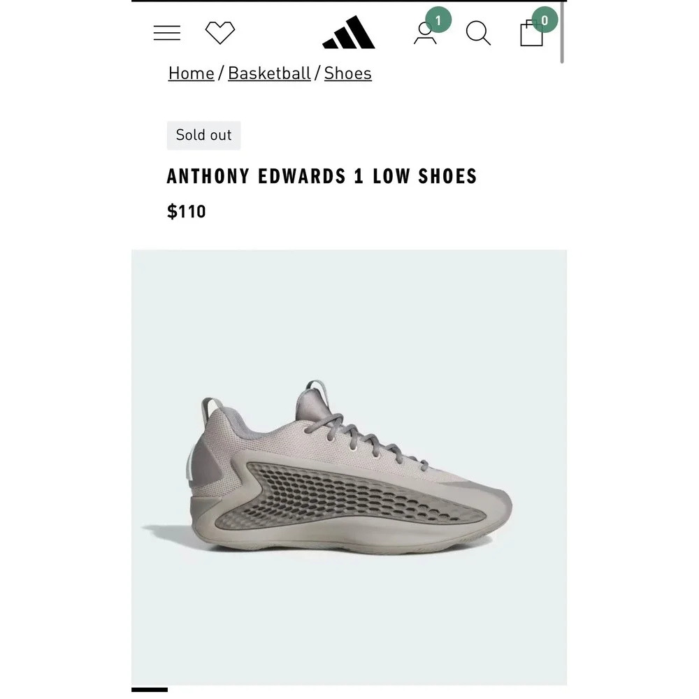 Adidas Anthony Edwards 1 Low‎ Ascent Grey Basketball Shoes JS1775 Mens 7.5